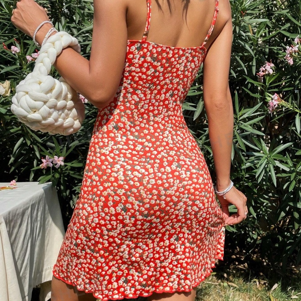 Red Floral Spaghetti Strap Dress - Picture 2 of 7